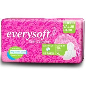 Everysoft Soft Comfort Cotton Sanitary Napkins For Women, 15 Pads, Size - Extra Large with Disposable Bags, Super Saver Pack,Soft Cotton Topsheet for Extra Comfort and Rash Free Periods